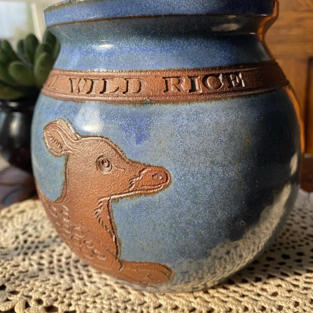 Vintage 1987 Studio Pottery Minnesota Wild Rice Blue Canister Crock Handmade EUC